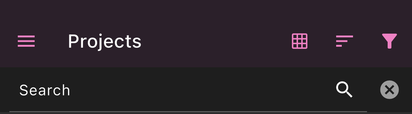 The Projects toolbar: layout, sort, and filter icons