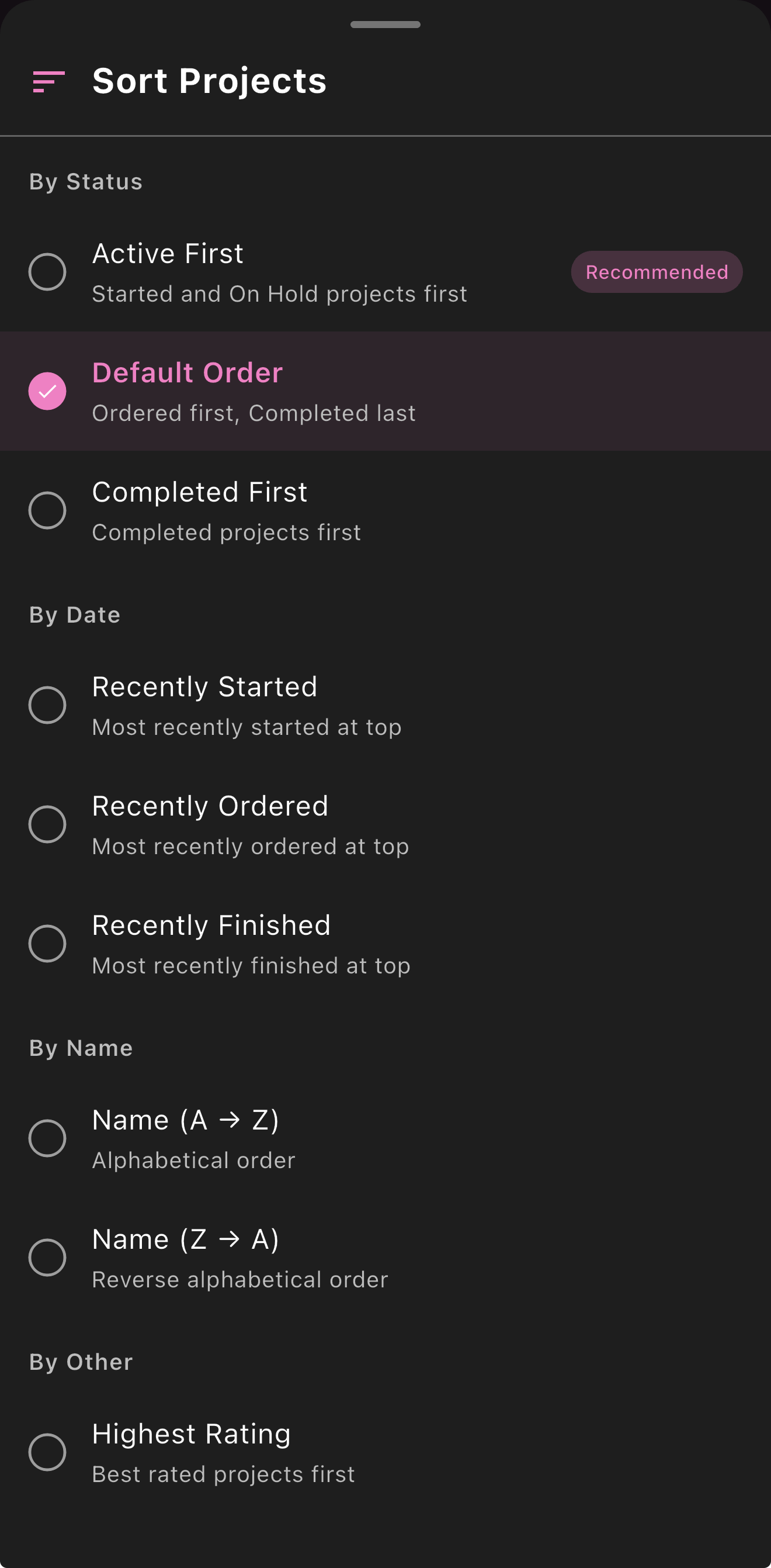 The Sort Projects dialog